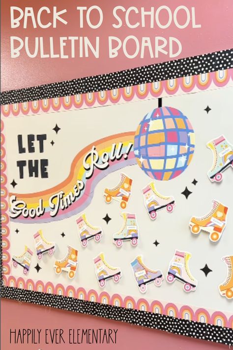 Get ready to roll back the years with this groovy Retro Bulletin Board Kit! Ideal for welcoming your students back to school, this bulletin board kit will set the perfect retro-cool tone to get everyone excited for the year ahead. Grab this "Let the Good Times Roll" bulletin board that is perfect for elementary school classrooms and offices alike. Retro Theme Bulletin Board, Welcome Back Board Ideas, Groovy Retro Bulletin Board Ideas, 90s Bulletin Board Ideas, Disco Classroom Theme Bulletin Boards, Retro Back To School Bulletin Board, Retro Classroom Bulletin Board, Welcome Bulletin Boards Elementary, Disco Bulletin Board