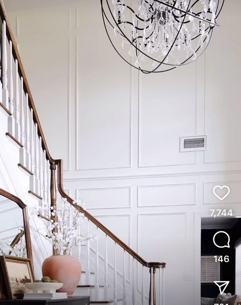 Two Story Molding, Tall Wainscoting Entryway, Foyer Molding Two Story, Foyer Molding, Two Story Foyer Wainscoting, Two Story Foyer Moulding, Curved Staircase Wall Molding, Modern Millwork, Two Story Entryway