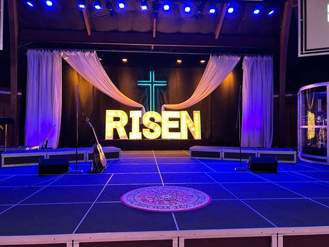 Church stage design for Easter FSBC Resurrection Decorations Church, Easter Stage Decor, Easter Church Stage Design, Church Easter Decorations Sanctuary, Easter Sunday Church Decorations, Church Backgrounds Stage Design, Easter Stage Design, Church Altar Design Ideas, Church Decorations Ideas