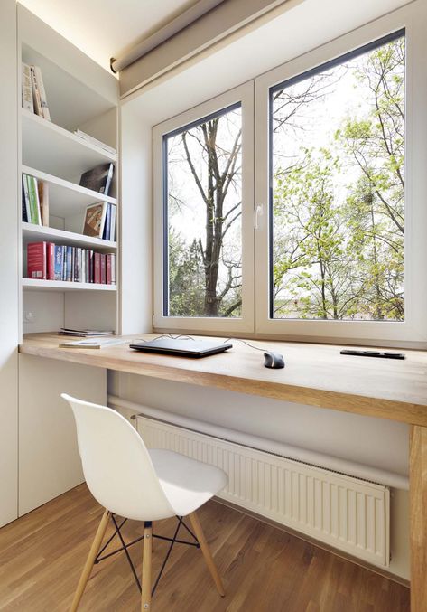 Desk Overlooking Window, Desk By Window Ideas, Desk Beside Window, Desk By The Window Bedrooms, Desk Under Window Ideas, Desk In Bedroom Window, Desk In Window Alcove, Home Office Near Window, Wardrobe With Window In Between