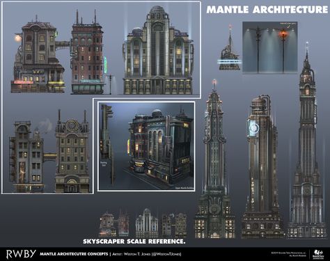 Some loose concepts to demonstrate the architectural style of Mantle to the team. Fortaleza, Build Mantle, Dishonored Architecture, Dieselpunk Art, Art Deco City, Buildings Artwork, Minecraft City Buildings, Minecraft City, Building Concept