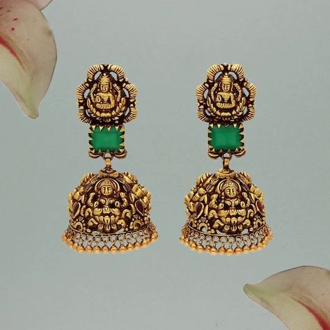 Lakshmi Jhumkas Gold, Gold Buttalu, Temple Earrings, Gold Jhumkas, Coral Jewelry Set, Ear Tops, Bridal Diamond Necklace, Simple Jewellery, Gold Temple Jewellery