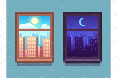 Day and night window. Cartoon , #SPONSORED, #Cartoon#skyscrapers#moon#Day #Ad Skyscrapers At Night, Window Cartoon, Night Window, Window Illustration, Home Windows, Night Illustration, City Illustration, Night Painting, Mini Canvas Art