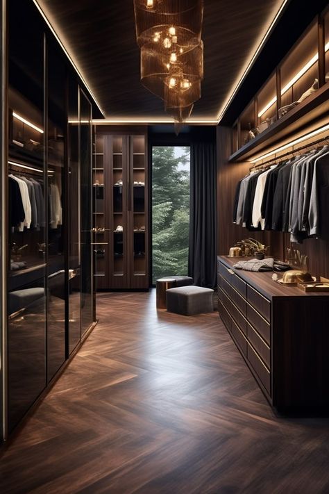 Black And Gold Walk In Closet, Large Walk In Wardrobe, Walk In Closet Ideas Dark, Walk In Wardrobe Ideas Luxury, Black And Wood Closet, Walk In Wardrobe Design Bedroom, Dressing Room In Bedroom, Moody Walk In Closet, Bedroom Idea Minimalist