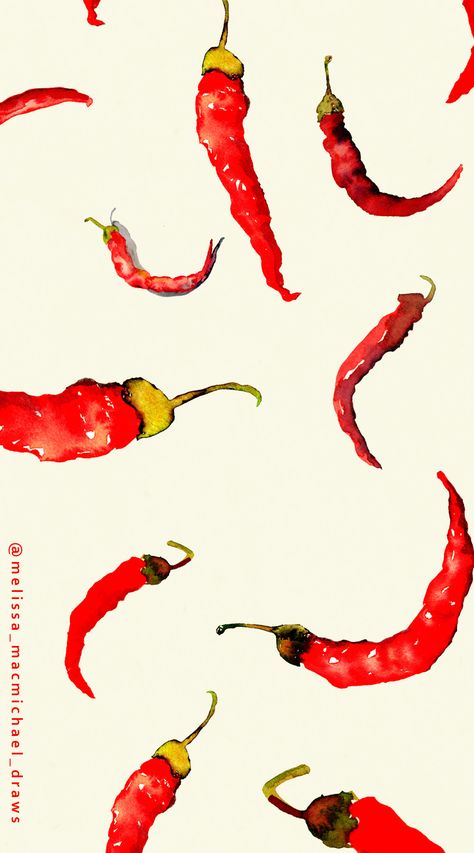 Cayenne Peppers from the garden hand painted by Melissa MacMichael. watercolor, Food, chili, chili pepper, cayenne pepper, hot pepper, Food illustration, Hot, Summer, Hot sauce, Spicy, 2021, Trend, Food trend, Garden, Gardening, Cook, pepper illustration, peppers, pattern, repeat patern #GardenerPainterCook Spicy Pepper Drawing, Chili Pepper Wallpaper, Chilli Pepper Illustration, Spicy Food Illustration, Chili Pepper Illustration, Spicey Illustration, Chilli Illustration, Chili Illustration, Spicy Illustration