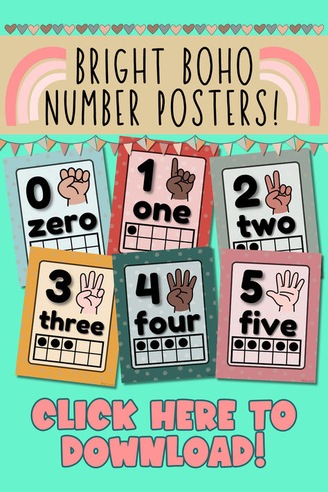 Elevate your classroom decor with our stylish and educational Boho Themed Number Posters 0-20! Perfect for early learners, these posters feature vibrant, bohemian-inspired designs that will add a touch of charm to any learning space. Each poster includes a ten frame and visual representations with fingers for numbers 0-10, making it easy for students to grasp basic number concepts and improve their counting skills. Classroom Decor Calming, Camping Classroom, Bright Boho, Number Poster, Student Resources, Ten Frames, Ten Frame, Classroom Design, Learning Spaces