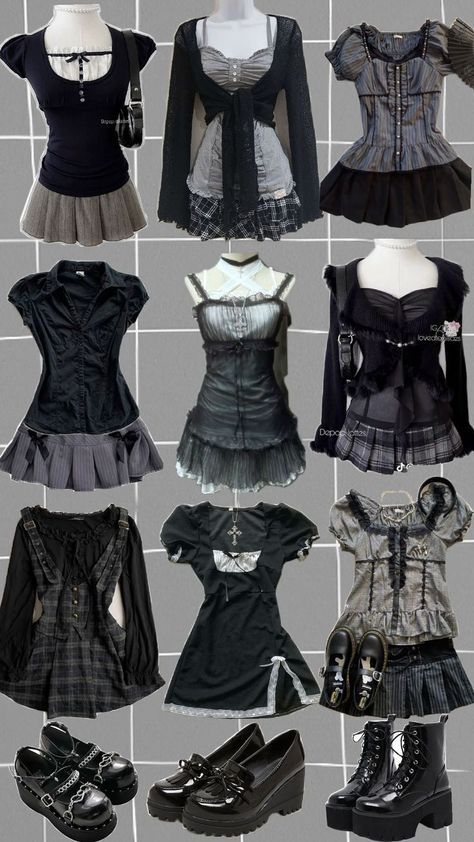 Himekaji Outfits Dark, Japanese Horror Game Protagonist Outfit, Dark Dress Outfit, Horror Protagonist Aesthetic, Light Goth Outfits, Female Horror Game Protagonist Outfits, Dark Coquette Clothes, Skirt Formal Outfit, Dark Fairy Core Outfits