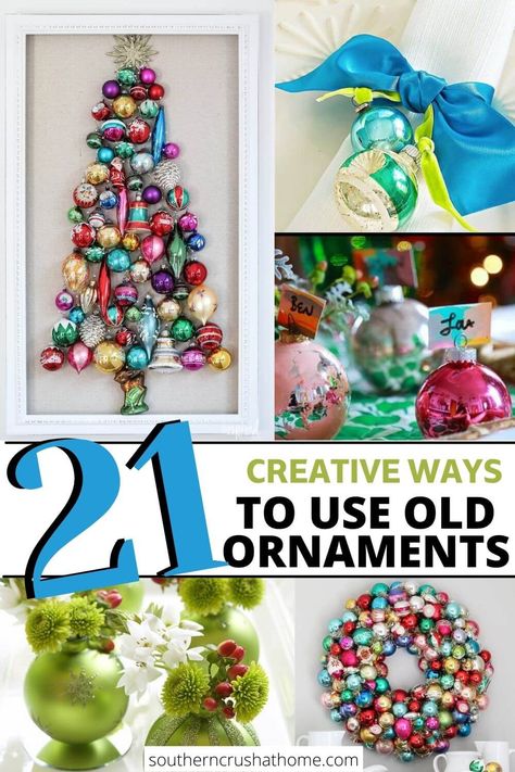 ornament tree, ornament wreath, ornament table place holders, ornament vases Natal, Repurpose Old Christmas Ornaments, What To Do With Extra Ornaments, Recycle Old Ornaments, Diy Round Ornaments Christmas Balls, Repurpose Christmas Cards, Old Christmas Tree Repurpose, Christmas Bulbs Ornaments Diy, Recycled Christmas Ornaments