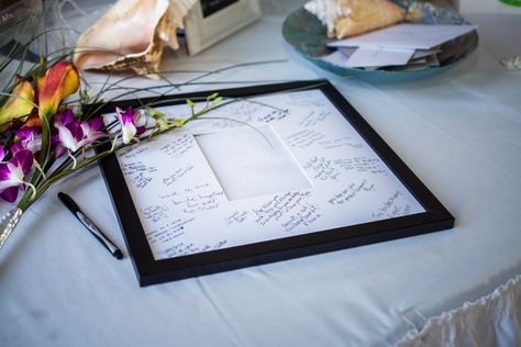 Instead of a guest book, have your guests sign a matted photo frame, where you can place your favorite wedding image afterward! Guest Book Picture Frame, Picture Frame Guest Book Wedding, Pose Prewedding, Jeans Wedding, Bridal Shower Guest Book, Picture Frame Mat, Key West Wedding, Guest Book Table, Wedding Image