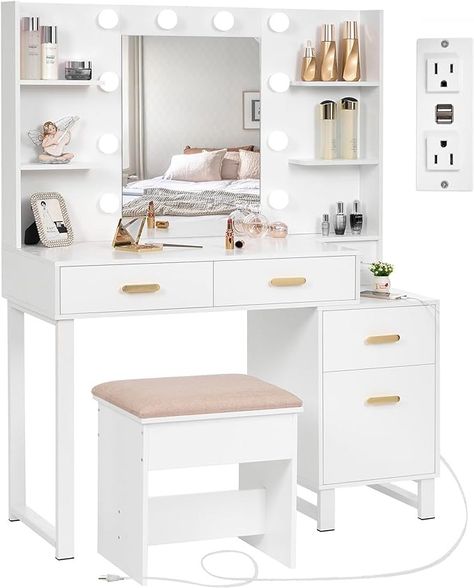 Amazon.com: ANWBROAD Makeup Vanity Desk Vanity Set with 10 LED Bulbs Lighted Mirror Makeup Vanity Table Set with Charging Station Nightstand 3 Colors Modes Dimming Cushioned Stool Large Mirror White UBDT53W : Home & Kitchen Charging Station Nightstand, White Vanity Set, Mirror Makeup Vanity, Desk Vanity, Makeup Vanity Table, Makeup Vanity Desk, Hidden Shelf, Mirrored Vanity Desk, Vanity Benches