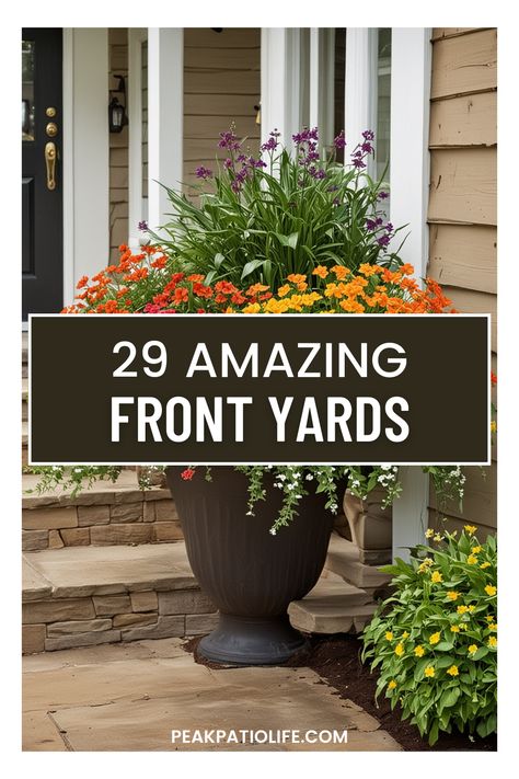 Get inspired by 29 front yard landscaping ideas that add charm and curb appeal to your home. Ideal for any homeowner looking to make an impact. Potted Plants Outdoor Landscapes, Outside Home Landscaping, Front Yard Landscaping Ideas For Zone 9, Front Yard Flower Pot Ideas, Miami Front Yard Landscaping Ideas, Small House Landscaping Front Yard, Front Landscape Ideas, Front Garden Inspiration, Front Landscape Design