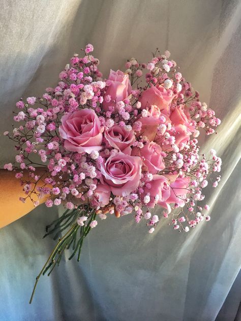 Small Pink Bouquet Simple, Baby Pink Flowers Aesthetic, Pink Roses With Baby Breath, Pink Roses And Baby Breath Bouquet, Pink Baby’s Breath, Light Pink Flower Arrangements, Baby’s Breath And Roses, Baby’s Breath Flowers, Light Pink Flower Bouquet