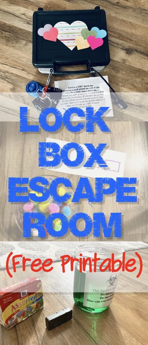 This lock box escape room is perfect for elementry aged children! Use in a classroom, small group, birthday party, or jusy for fun! #escaperoom #breakout #lockbox #birthdaypartyideas #homeschool #teaching #teambuilding #criticalthinking Escape Room Gift Basket, Dollar Tree Escape Room, Mini Escape Room Diy, Easter Escape Room For Teens, Breakout Box Ideas, Easy Escape Room Ideas For Kids, Escape Room Lock Box Ideas, Diy Escape Room Birthday Party, Class Escape Room