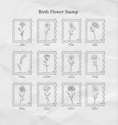 Birth Flower Postage Stamp Tattoo, August Birth Flower Tattoo Fine Line, Match Birth Flower, Fine Line Stamp Tattoo Ideas, Embroidery Birth Flowers, Fine Line Small Flower Tattoo, Minimalist Stamp Tattoo, Fineline Birth Flower, Minimalist Fineline Tattoo