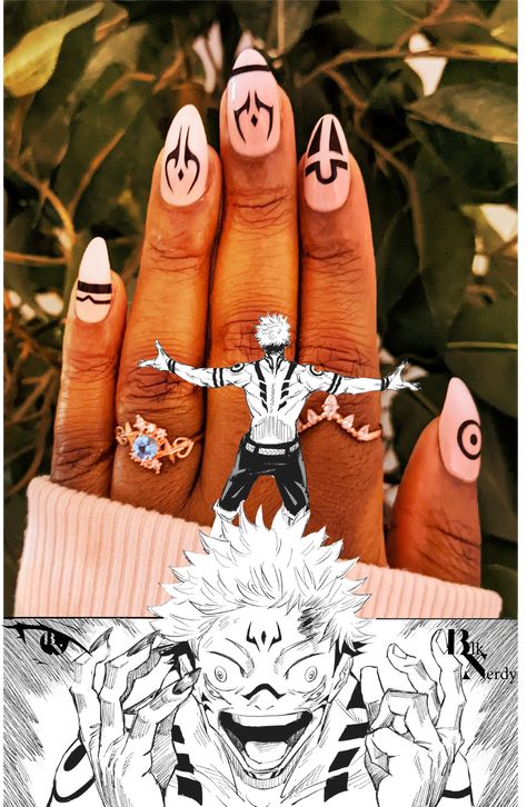 Sukuna's body markings on a set of almond nails, edited with a manga panel. Jujutsu Kaisen Nails, Sukuna Nails, Jjk Nails, Kanye Tattoo, Anime Inspired Nails, Men Nails, Anime Realistic, Convention Hall, Anime Nails