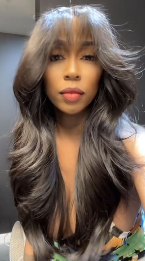 Layered Bangs Hairstyles Black Women, Fringe Bangs With Long Hair Black Women, Chinese Wig Hair, Closure Sewin With Bangs, Curtain Bang Quick Weave, Sew In Weave With Closure Curtain Bangs, Curtain Bangs Weave Black Women, Full Sewin With Bangs, Feathered Bangstyle Hair Black Women