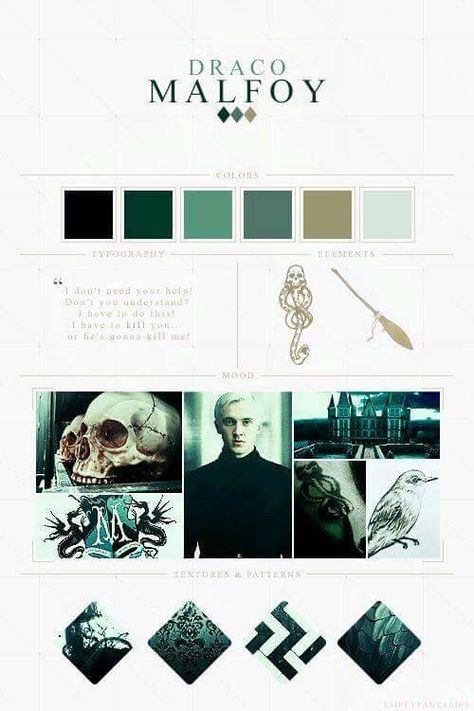 Loving this color palette description of the HP characters. Very fitting Character Mood Boards, Modern Hogwarts, Slytherin Things, Malfoy Aesthetic, Classe Harry Potter, Harry Potter Colors, Apartment Hacks, Draco Malfoy Aesthetic, Slytherin Pride