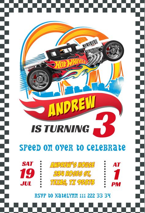 Cars birthday invitation, Hot Wheels racing invite, Hot Wheels invitation, boy birthday party invitation template, printable editable inviteThank you for visiting my shop 🙂! All the invitations are for self-editing 😉!You will edit in Canva. It’s easy and fun, whether you're using the web browser or the app.😎This digital invite can be printed or text messaged! You decide!After the purchase you get a file attached to your order with links to edit your invitation! Fast and easy!You can change th Hot Wheels 3rd Birthday Party, Hotwheels Party Invitations, Hot Wheels Party Invite, Hot Wheels Invites Birthday Invitations, Hot Wheels Birthday Invitations Free, Hotwheels Birthday Party Invitation, 6 Th Birthday Ideas For Boy, Hot Wheels Birthday Invite, How Wheels Birthday Party