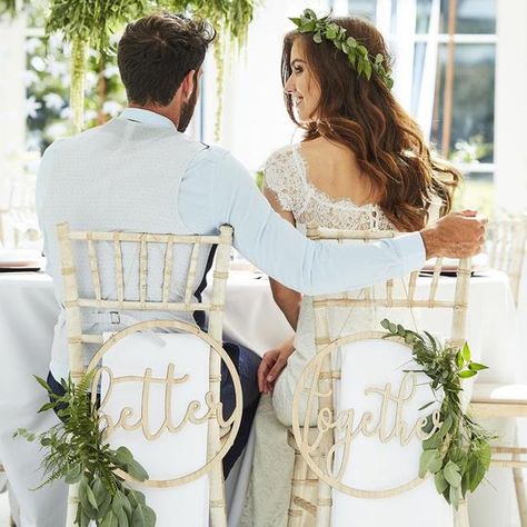 Guarantee your wedding to be one to treasure with our wonderful range of tableware, decorations, and supplies. Wedding Chair Signs, Fest Temaer, Wedding Hoop, Wooden Wedding Signs, Future Wedding Plans, Wedding Confetti, Wedding Table Decorations, Botanical Wedding, Wedding Chairs