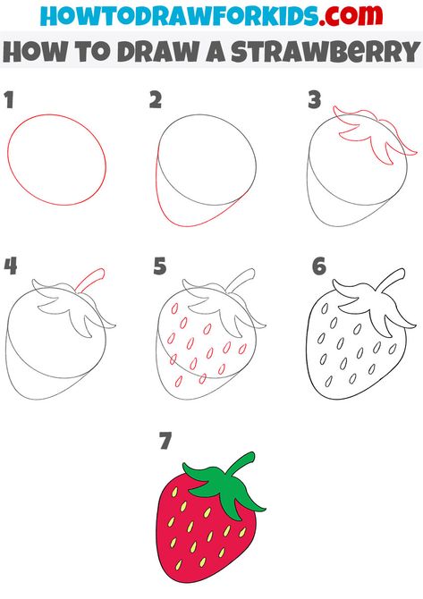 How to Draw a Strawberry - Easy Drawing Tutorial For Kids Easy To Draw Strawberry, Strawberry Sketch Drawing, Strawberry Tutorial Drawing, Mini Strawberry Painting, How To Draw Strawberry Shortcake, Easy Food Drawing Ideas, How To Draw A Strawberry Easy, How To Draw A Muffin, Stroberry Drawing