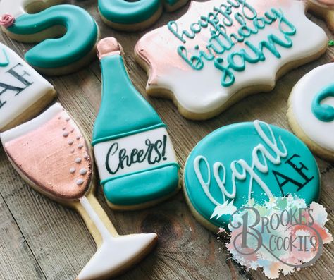 21st birthday gift ideas, Legal AF, champagne cookies, 21st birthday friend gift, birthday cookies, birthday ideas, cookie cutter flip, designer cookies, custom cookies, oklahoma baker, oklahoma cookie artist, shop local, norman, ok, Cookies For 21st Birthday, 21 St Birthday Cookies, 21 Cookies Birthday, 21 Birthday Cookies Decorated, 19th Birthday Cookies, 21st Bday Cookies, 21st Birthday Cookies For Girl, 21st Birthday Sugar Cookies, 21 Birthday Cookies