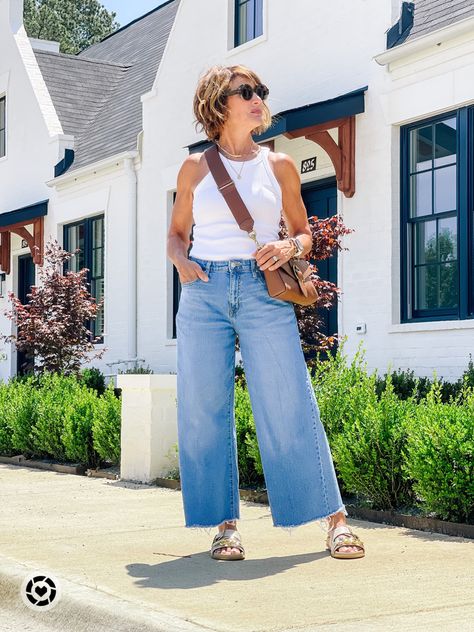 Jeans White Tank Outfit, Vacay Outfits Casual, Wide Leg Jeans Outfit Summer, Fam Pics, Wide Leg Jeans Outfit, Tank Outfit, Vacay Outfits, Summer Basics, Tank Top Outfits