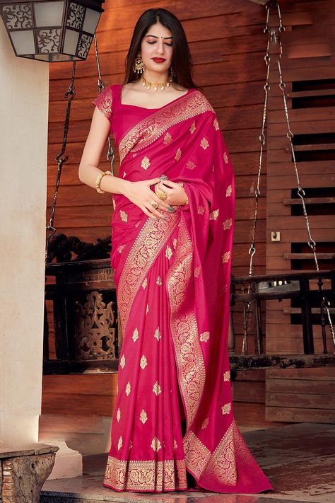 Pink Saree Silk, Red Banarasi Silk Saree, Red Saree Blouse, Saree Indian Wedding, Saree Traditional, Saree Wearing Styles, Saree Wearing, Rani Pink, Wedding Sari