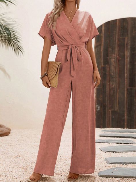 Dusty Pink Casual Collar Short Sleeve Fabric Plain Other Embellished Non-Stretch  Women Clothing Pink Semi Formal, Outfit Boda, Color Durazno, Salmon Pink Color, Semi Formal Outfits, Colorful Jumpsuit, Rose Blush, Old Rose, Long Jumpsuits