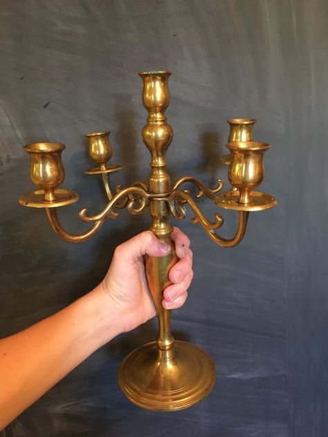 Candelabra brass five taper four arm candle holder solid by MADMrs Candelabra Decor, Candle Holder Vintage, Four Arms, A Vintage Christmas, 18th Bday, Holiday Table Settings, Selling Candles, Vintage Candle Holders, Entry Table