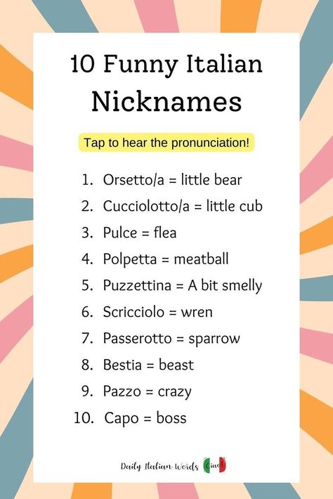 Funny Italian Nicknames for your Boyfriend or Girlfriend Italian Nicknames, Italian Names Boy, Last Names For Characters, Italian Names, Italian Pronunciation, Story Writing Prompts, Italian Humor, Best Character Names, Italian Language Learning