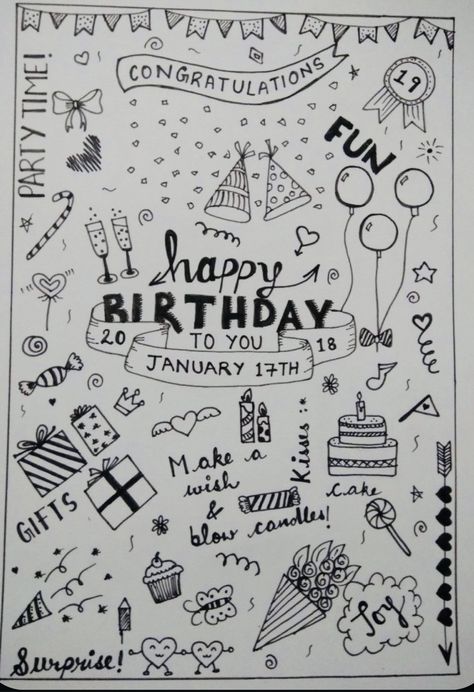 Birthday Wish Drawing, Birthday Wishes Drawing Ideas, Doodles For Dads Birthday, Happy 21st Birthday Drawing, Birthday Sketch Art Drawings, Birthday Celebration Drawing, Birthday Doodles Aesthetic, Happy Birthday Sketch Drawing, Birthday Sketch Art