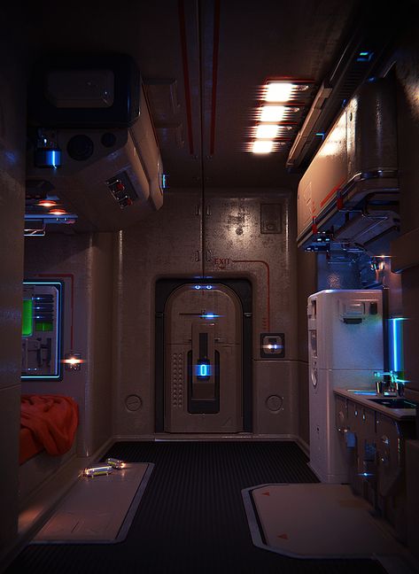 Spaceship Interior Design, Spaceship Cabin, Sci Fi Apartment, Futuristic Apartment, Cyberpunk Interior, Sci Fi Room, Cyberpunk Room, Scifi Interior, Spaceship Interior