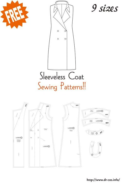 This is the pattern of Sleeveless Coat. inch size(letter size) Children's-4,8,10/Ladies'-S,M,L,LL/Men's-L,LL cm size(A4 size) Children's-100,120,140/Ladies'-S,M,L,LL/Men's-L,LL Added the number of fabric meters required for each size Coats Pattern Sewing, Coat Patterns Free, Jacket Sewing Pattern, Trench Coat Pattern, Women's Coat Pattern, Tunic Sewing Patterns, Japanese Sewing Patterns, Sleeveless Coat, Free Pdf Sewing Patterns