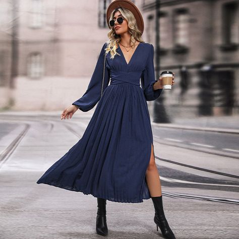 Dress Mid Length, Split Maxi Dress, Costume Intero, Y2k Outfits, Solid Color Dress, Split Dress, Royal Blue Dresses, Outfits Spring, Mid Length Skirts