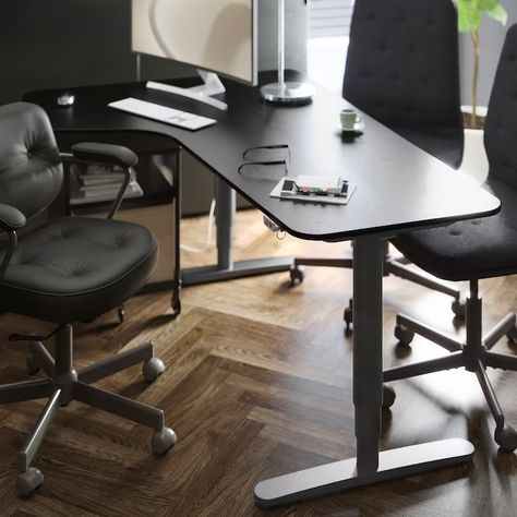 BEKANT Corner desk left sit/stand, black stained ash veneer/black, 160x110 cm - IKEA Ikea Bekant, Ikea Office, Seat Foam, Plastic Edging, Black Office Chair, Corner Table, Adjustable Desk, Ergonomic Office, Ergonomic Office Chair