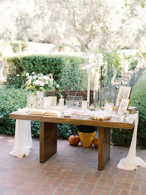 An Intimate Garden Wedding Full Of Modern Whimsy Party Favor Table Wedding, Garden Theme Wedding Decor, Guest Signing Table Wedding, Stone Pathways Ideas Walkways, Guest Signing Table, Small Intimate Wedding Reception, Pathways Ideas Walkways, Wedding Welcome Table Ideas, Diy Pool Steps