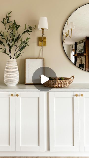 DeLancey Carson | Real, Relatable DIY on Instagram: "My first ever #ikeahack! These 15” deep IKEA cabinets were the perfect base for my dining room built-ins. 😍

Cabinets: @ikea Sektion
Top: @formicagroup Calacatta Cava
Wall color: @behrpaint Even Better Beige
Mirror: IKEA
Sconces: Amazon" Ikea Ersnäs Sideboard Hack, Dining Room Ikea Hacks, Ikea Dining Room Storage Ideas, Ikea Sektion Cabinets Hack, Dinning Room Cabinet Ideas, Ikea Buffet Cabinet, Dining Buffet Cabinet, Ikea Buffet Hack, Dining Room Buffet Built In