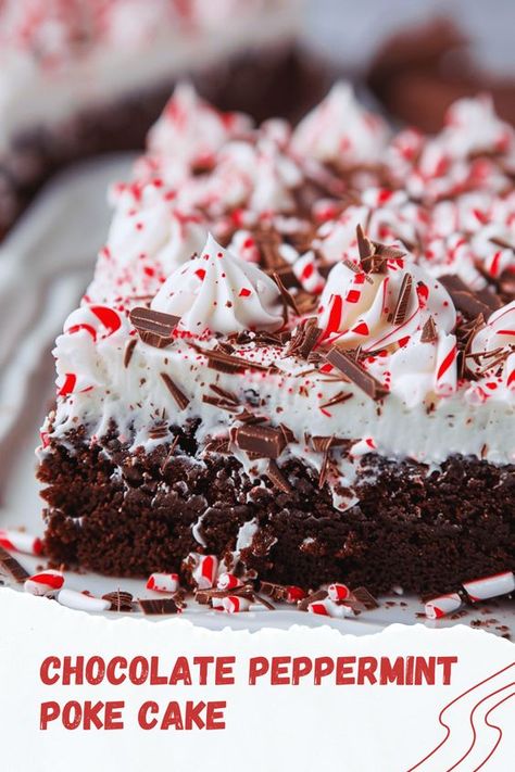 Celebrate the holidays with our Chocolate Peppermint Poke Cake. This festive dessert features a rich chocolate cake infused with peppermint syrup, topped with fluffy peppermint frosting and crushed candy canes. A perfect blend of chocolate and mint for winter! Chocolate Peppermint Poke Cake, Chocolate Mint Poke Cake, Christmas Cranberry Poke Cake, Chocolate Peppermint Dessert Recipes, Peppermint Deserts, Hot Chocolate Poke Cake, Pepermint Cake, Peppermint Extract Recipes, Peppermint Poke Cake