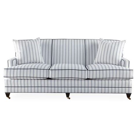 Bring a fresh feel to the room with this striped transitional sofa. The Sunbrella upholstery offers sensational durability and protection. Accented with a contrast welt, tapered kiln-dried hardwood legs, and plush high-density foam cushions designed for maximum comfort. Set above caster wheels, rearranging is a breeze. Handmade in the USA. Navy Blue Loveseat, Sofas Beige, Colored Couch, Military Furniture, Couch Beige, Stripe Sofa, Navy Couch, Ivory Sofa, Cream Couch