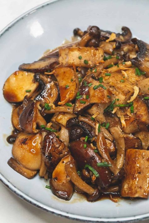 Tofu and Mushroom Adobo Recipe - Recipes by Nora Tofu Beans Recipe, Mushroom Adobo Filipino, Vegetarian Adobo Filipino, Filipino Tofu Recipes, Vegetarian Adobo, Eggplant Mushroom Recipes, Green Bean And Mushroom Recipes, Mushroom And Tofu Recipes, Super Firm Tofu Recipes