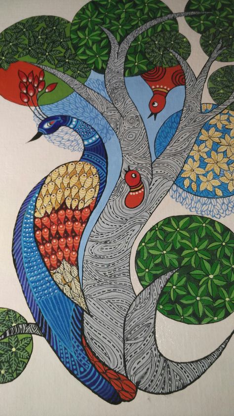 Gond Painting Peacock, Gond Art Peacock, Abstract Charcoal Art, Painting Peacock, Worli Painting, Gond Art, Art Peacock, Gond Painting, Madhubani Paintings