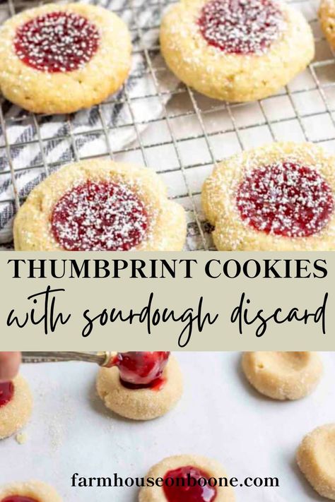 These delicious traditional cookies are a must have simple recipe for any get together! They are filled with a raspberry jam on a sugar cookie base. However, these cookies include sourdough discard to give them a unique taste! Get the recipe on Farmhouse on Boone's Blog! Farmhouse On Boone Sourdough Cookies, Farmhouse On Boone Sugar Cookies, Sourdough Cookies Farmhouse On Boone, Sourdough Discard Thumbprint Cookies, Sourdough Crinkle Cookies, Sourdough Discard Molasses Cookies, Berry Sourdough Bread, Sourdough Filling Ideas, Sourdough Thumbprint Cookies