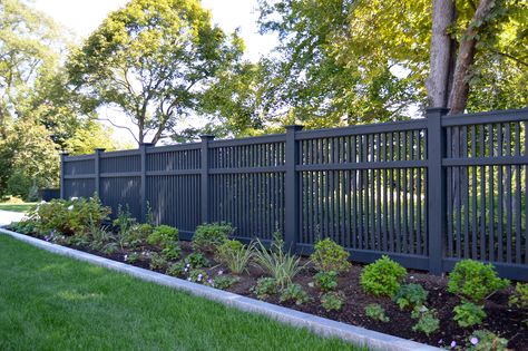 Fence Ideas Around House, Two Fences One Yard, Fence Around Pool And Yard, Black Vinyl Fence Ideas, Fence Around Whole House, Large Front Yard Fence Ideas, Black Front Fence Ideas, Farm Fencing Around House, Rod Iron Fences Backyard