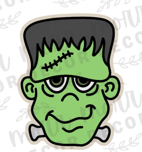 Frankinstine Drawings, Frankenstein Doodle, Cute Frankenstein Drawing, Simple Frankenstein Drawing, Frankenstein Cartoon Art, Kawaii Frankenstein, Frankenstein Cookie, Sugar Cookie Designs, Halloween Cookies