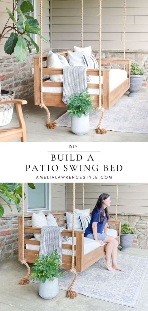 Aug 17, 2022 - Make your outdoor space extra relaxing with a porch swing bed. Let me show you how to build a patio swing bed with this easy tutorial. Front Porch Furniture Ideas, Porch Furniture Ideas, Farmhouse Porch Swings, Build A Patio, Diy Porch Swing Bed, Porch Swing Plans, Front Porch Furniture, Porch Bed, Diy Swing