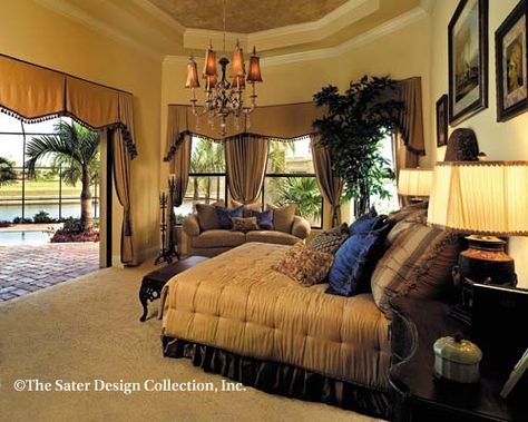 Master Bedroom. "Gambier Court" (Plan #6948) - The Sater Design Collection's Mediterranean/European home plan. www.saterdesign.com Interior Paint Color Palette, Mediterranean Bedroom, Exotic Homes, Mediterranean House Plan, Mediterranean Style House Plans, Half Bathrooms, Mediterranean House Plans, European Home, Mediterranean Design