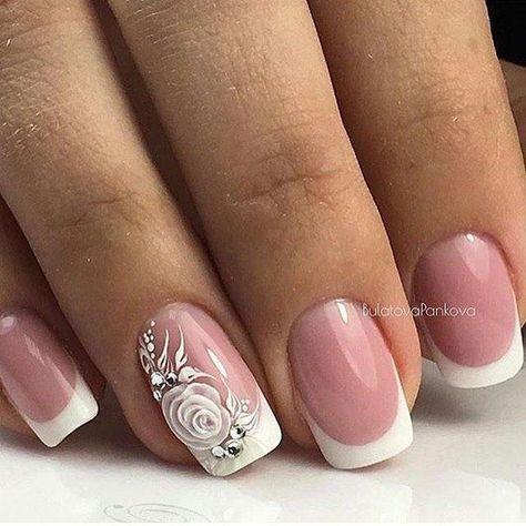 Pin-Bild White Tips, Short Fake Nails, Wedding Nails Design, Nail Art Wedding, Bride Nails, White Nail, False Nail, Nail Polishes, Artificial Nails