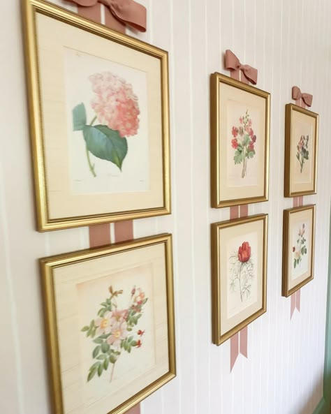 Last day to save 20% on my art hanging bow tutorial! Comment “bow” to receive a discount to apply at checkout and a link to the tutorial! Floral Wall Display, Ribbon Hanging Picture Frames, Ribbon Picture Hanging, Bow Room Aesthetic, Bradley Hare, Hand Painted Flowers On Wall, Flower Room Ideas, Bow Nursery Theme Girl, Nursery Gallery Wall Girl