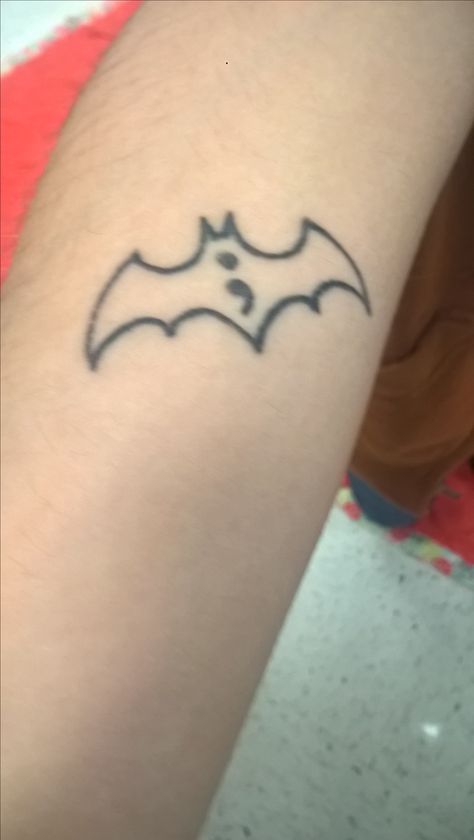 Semicolon project batman Tattoo Semicolon, Tattoo Bat, Bite Mark Tattoo, Batman Tattoos, Colon Tattoo, Bite Mark, Semicolon Project, Mark Tattoo, Batman Tattoo