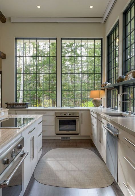 Kitchen Tiny, Kitchen Window Design, Narrow Kitchen, Lots Of Windows, Hill Interiors, Galley Kitchen, Island Ideas, Transitional Kitchen, Black Kitchen